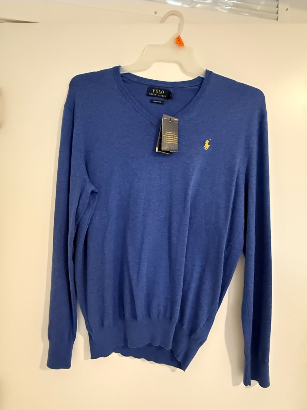 Ralph Lauren Men's V-Neck Sweater in Royal Blue with Yellow Logo